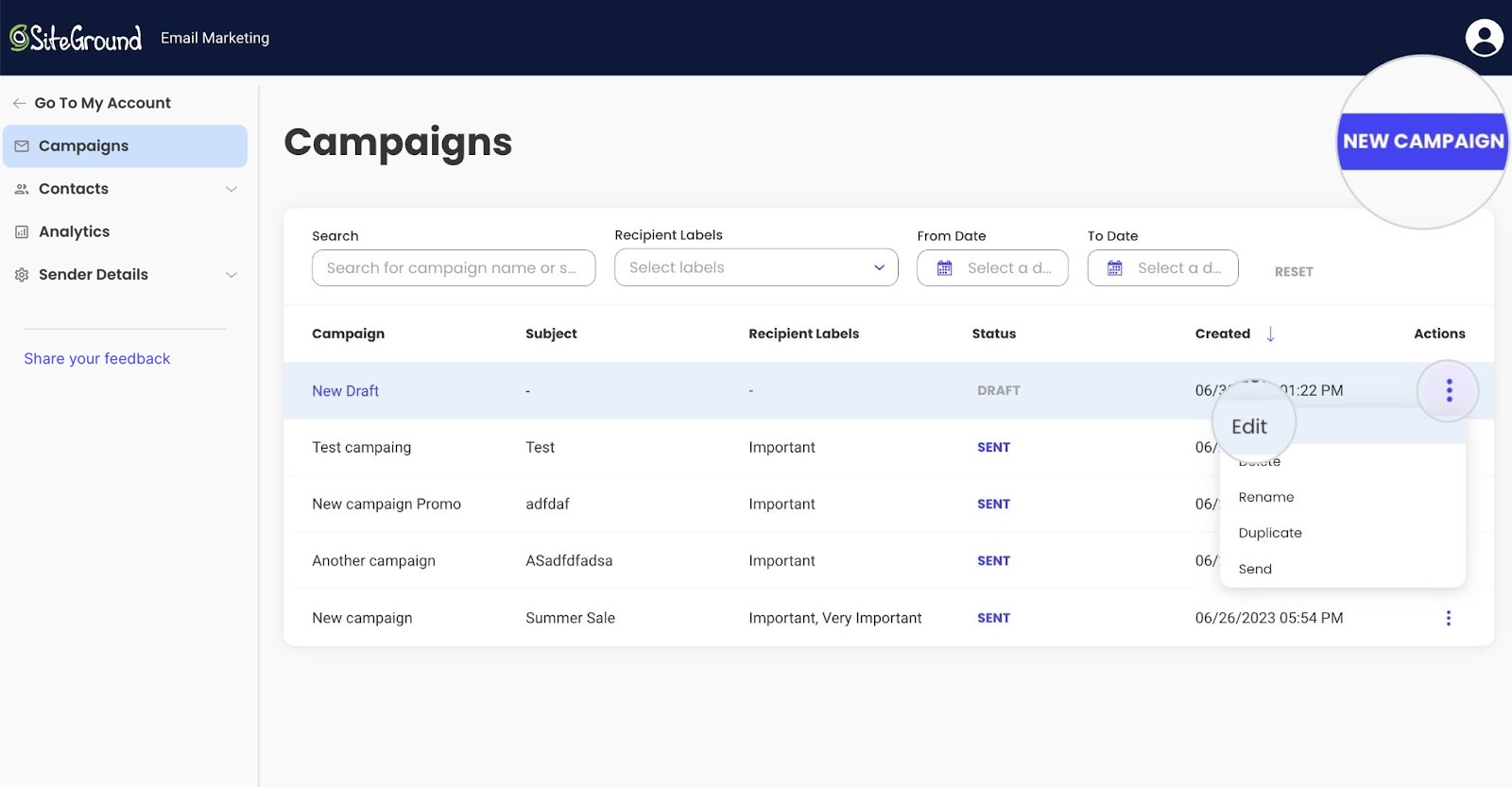 Screenshot of the Campaign Editor in SiteGround Email Marketing