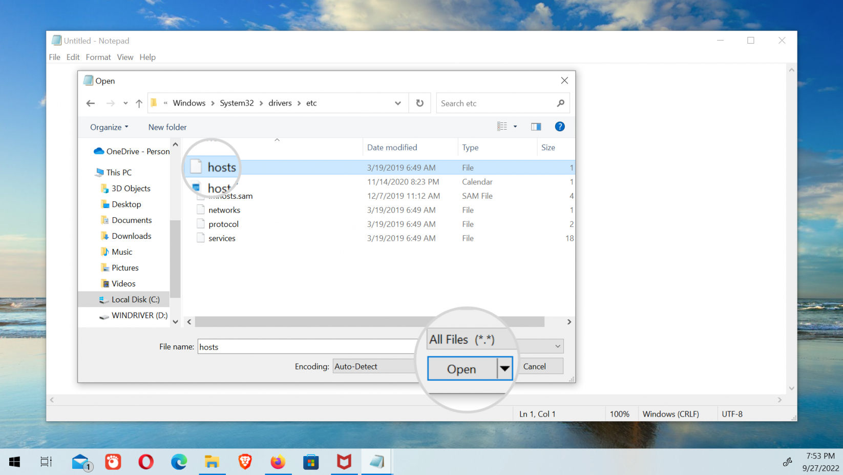 Open hosts file in Windows