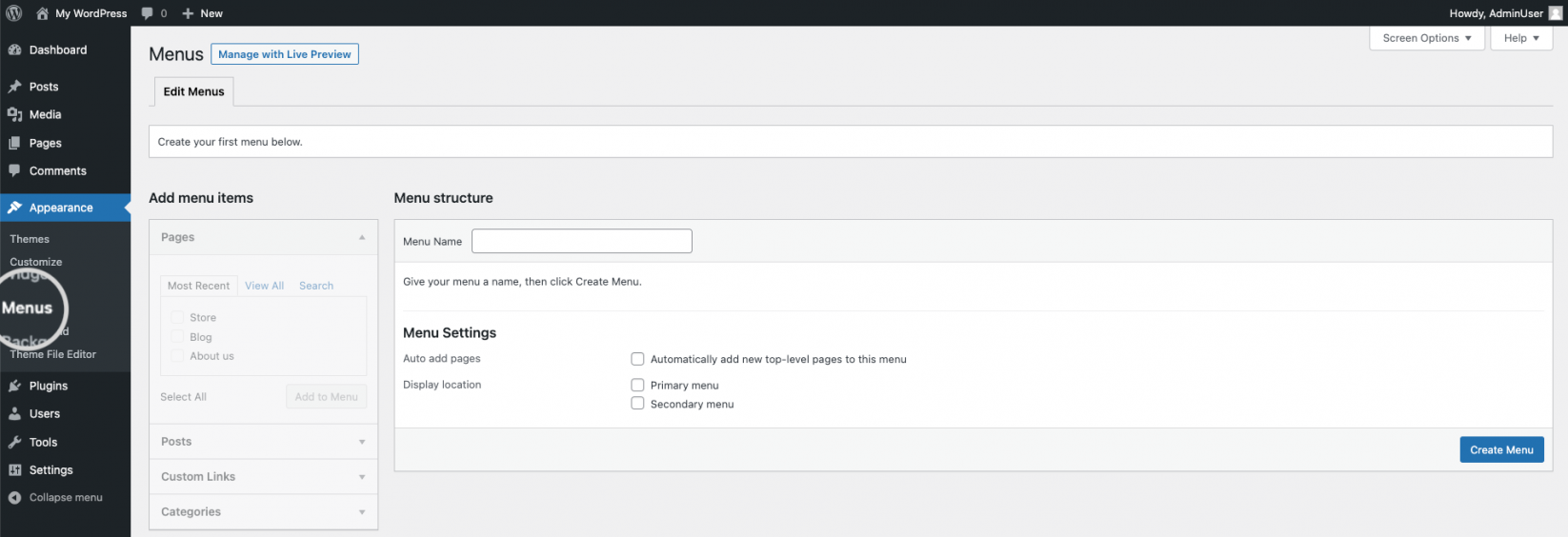 How to open the Menu section in a WordPress dashboard