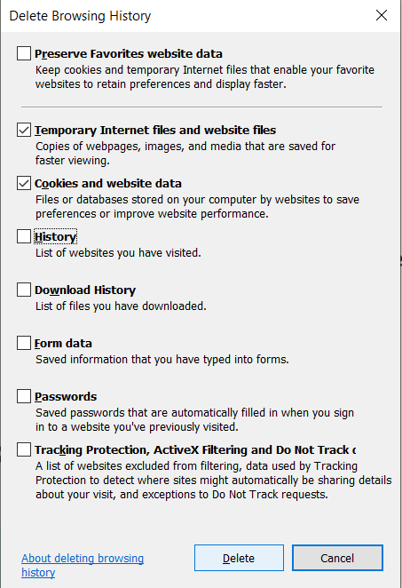 Options for Delete Browsing History in Internet Explorer