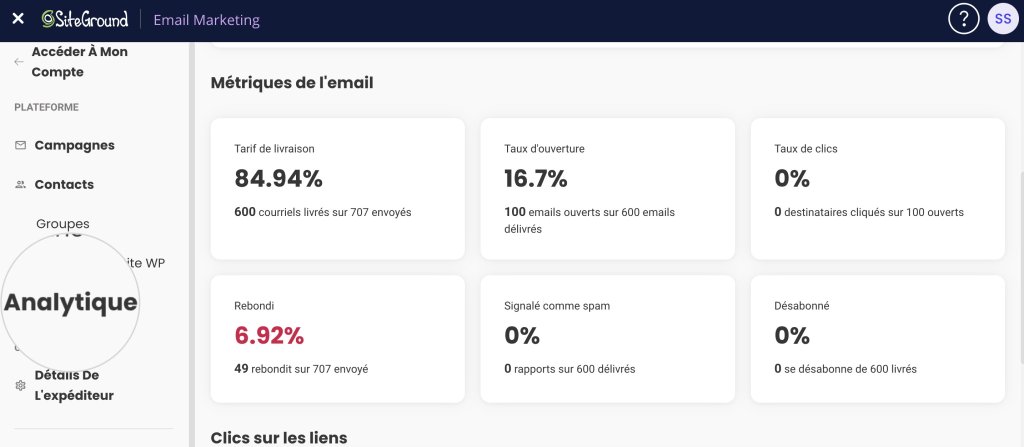 Une capture d'écran affichant la page SiteGround Email Marketing Analytics