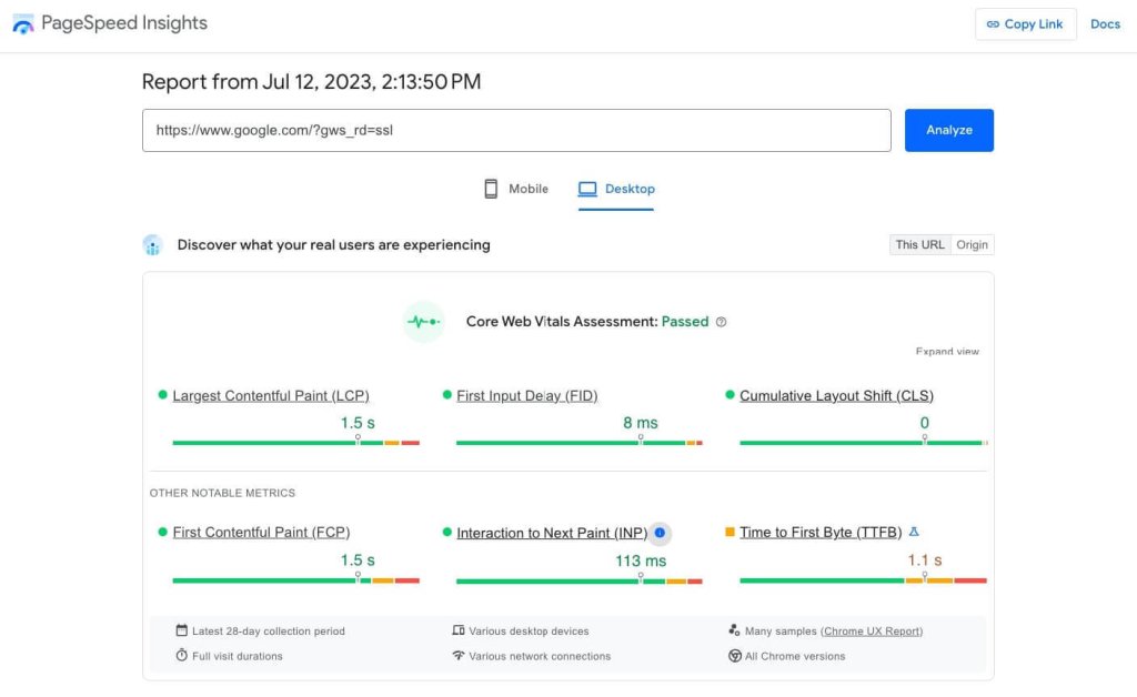 Screenshot of PageSpeed Insights and its result based on the Core Web Vitals