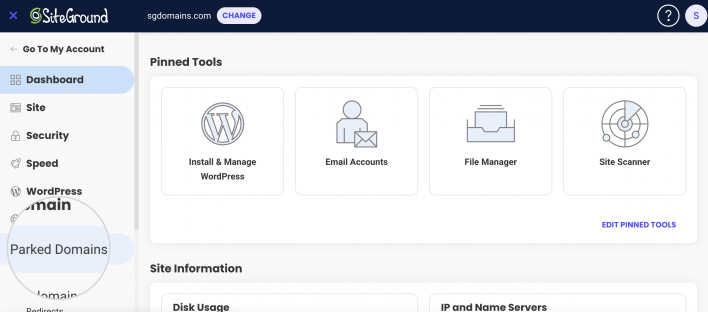 Parked domains in Site Tools