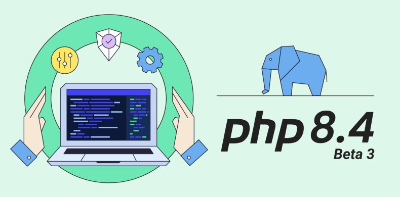 PHP 8.4 elephant and a laptop desktop with different functionalities