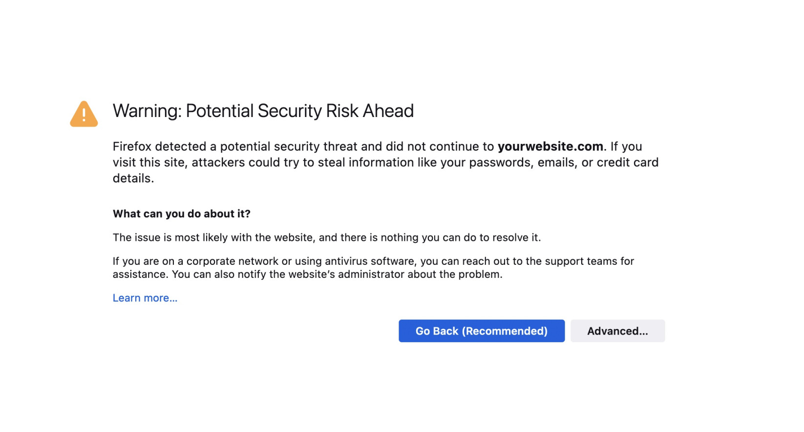 “Warning: Potential Security Risk Ahead” message on Firefox