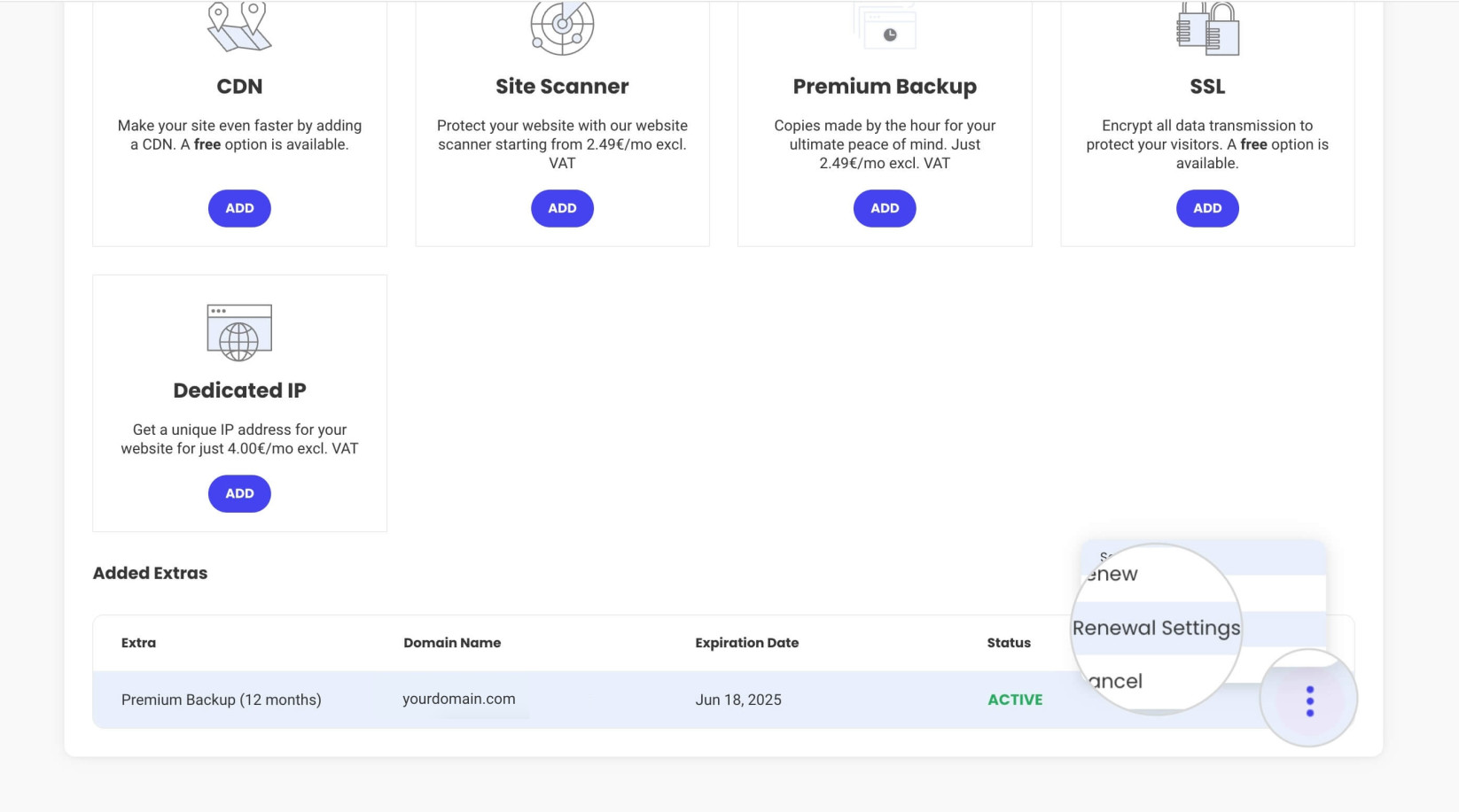 Renewal Settings for a Premium Backup service