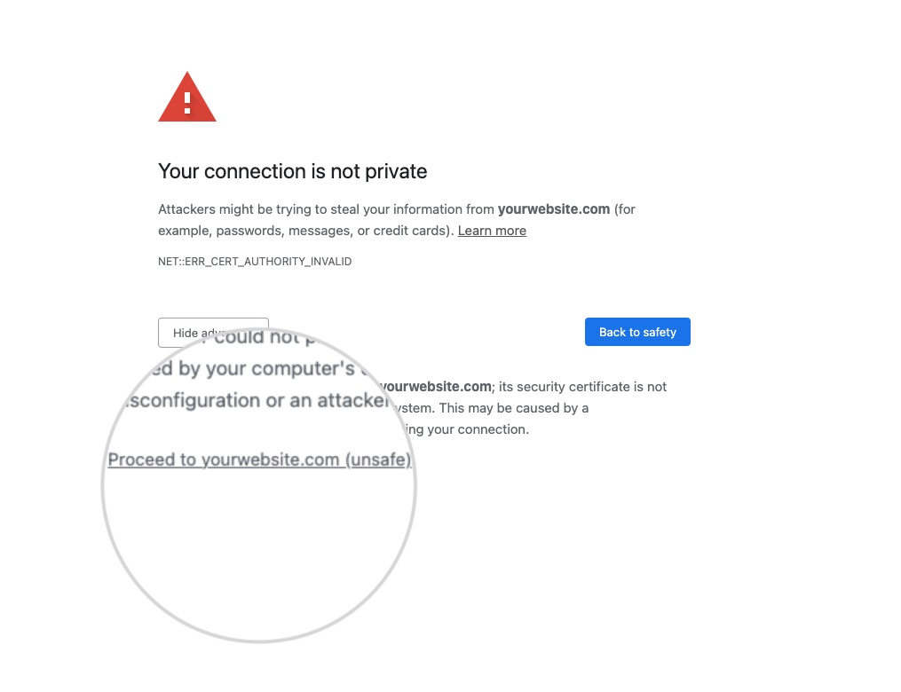 Click on Proceed to unsafe to bypass "Your connection is not private"