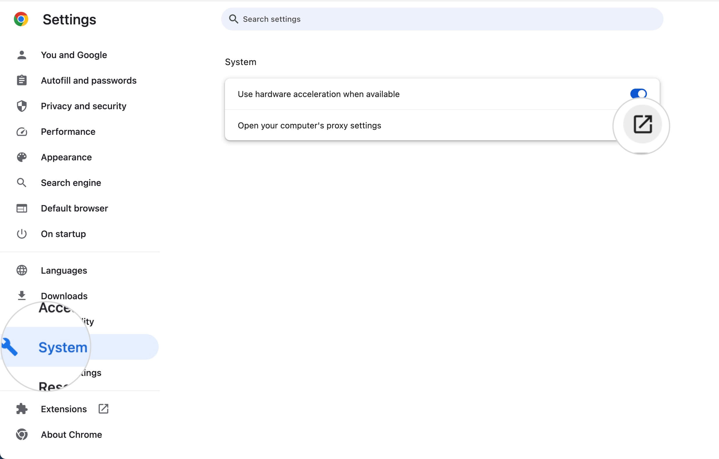 Proxy server settings in the System options in Google Chrome