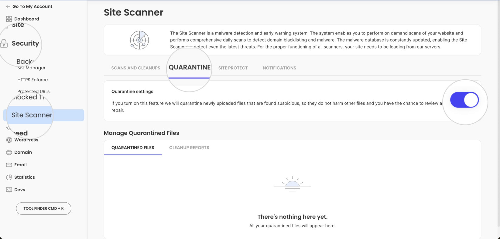 Quarantine options for Site Scanner