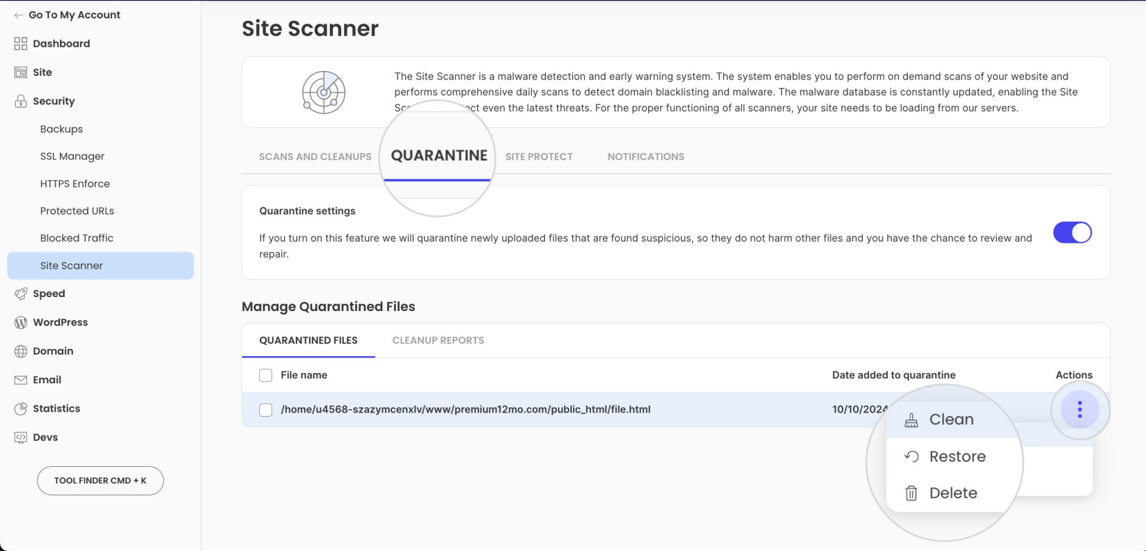 Files in Quarantine in Site Scanner