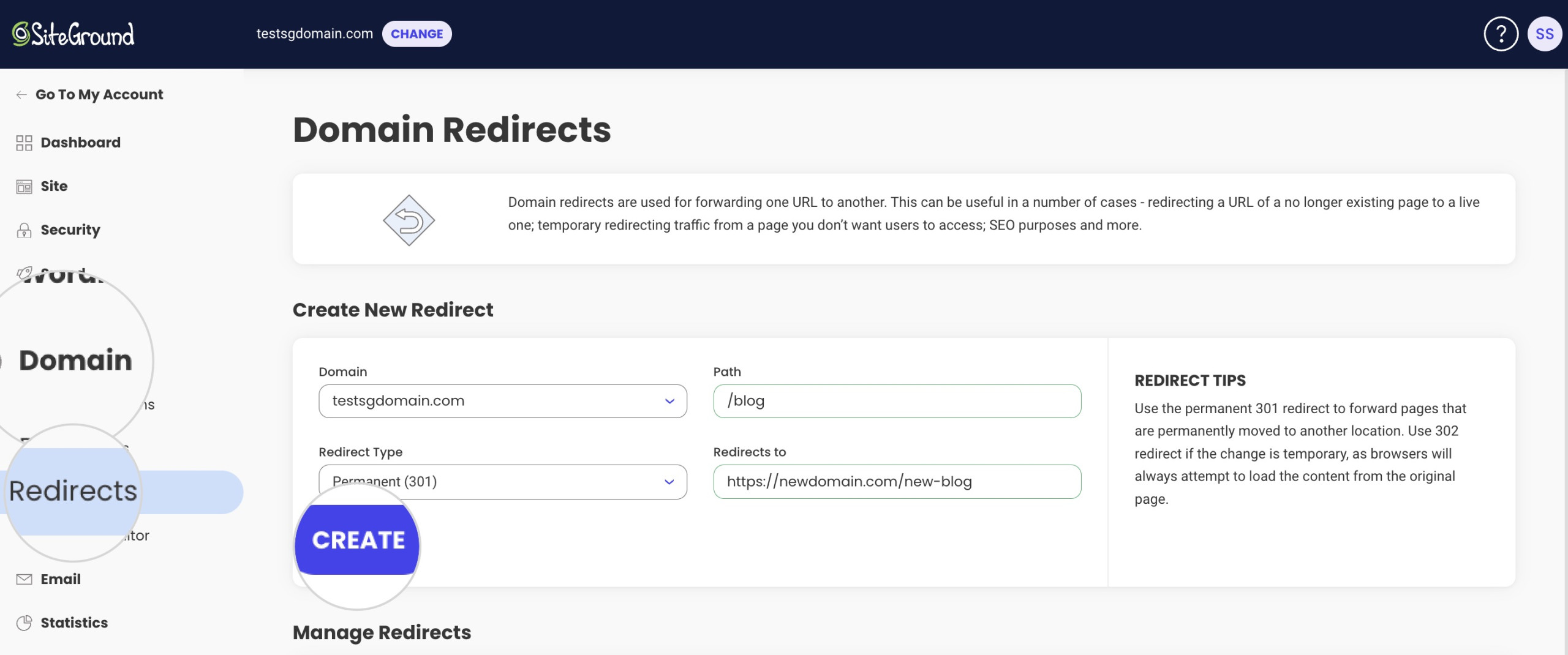 Image displaying the Redirects Tool on Site Tools page, highlighting various redirection options available.