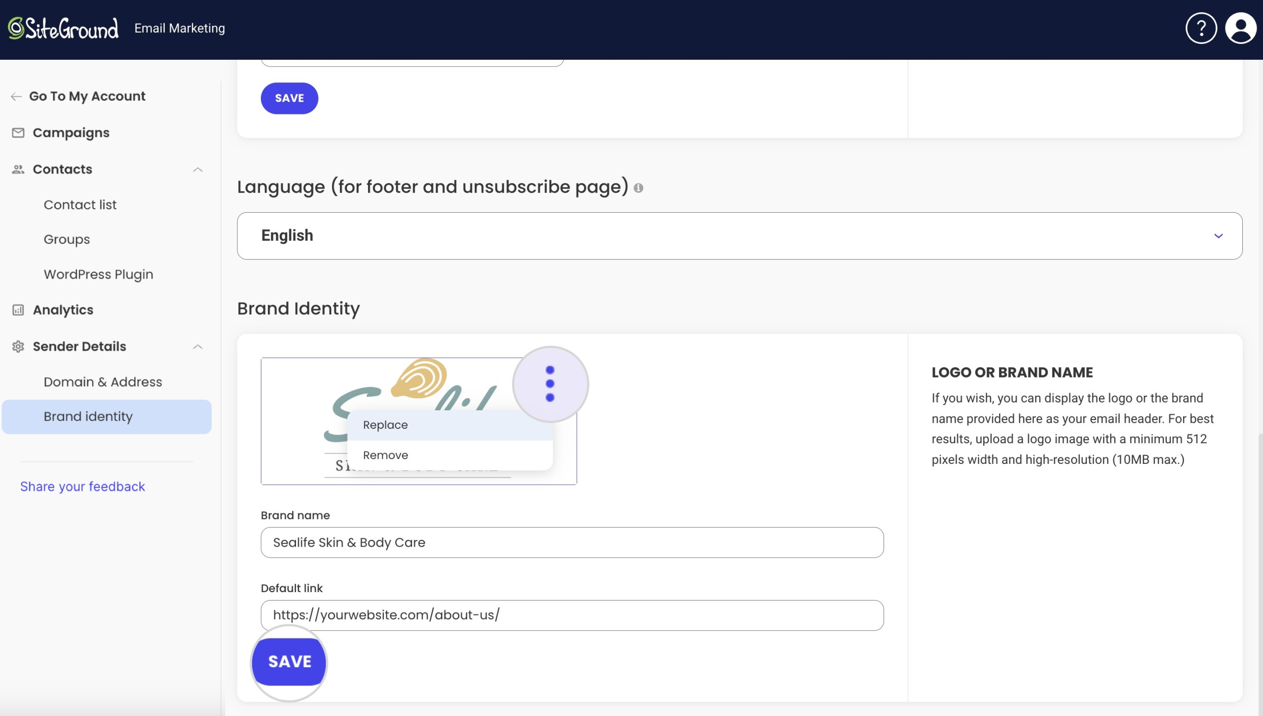 Screenshot showing how to replace your brand's logo in SiteGround Email Marketing