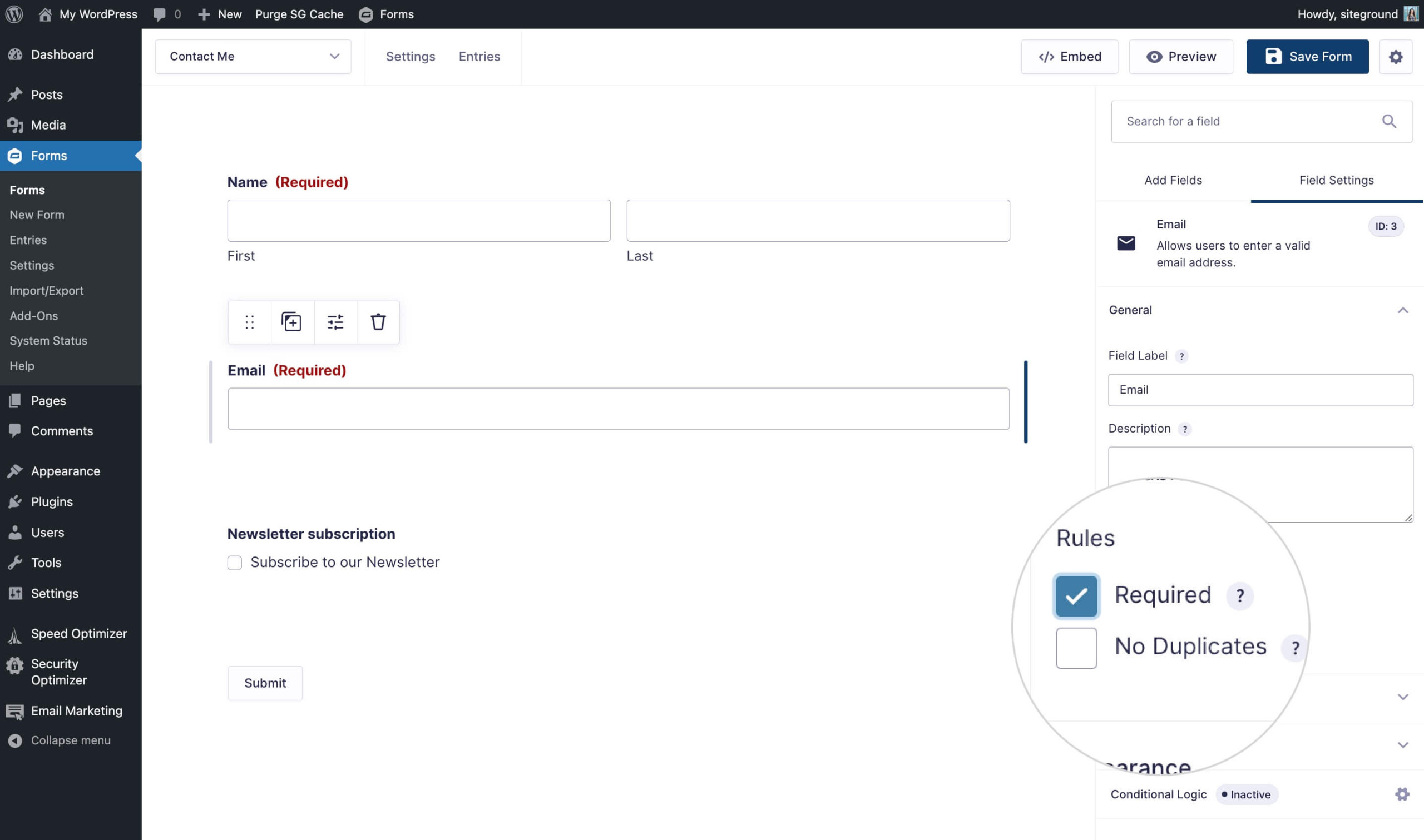 Image illustrating the required email field option checked in Gravity Forms settings