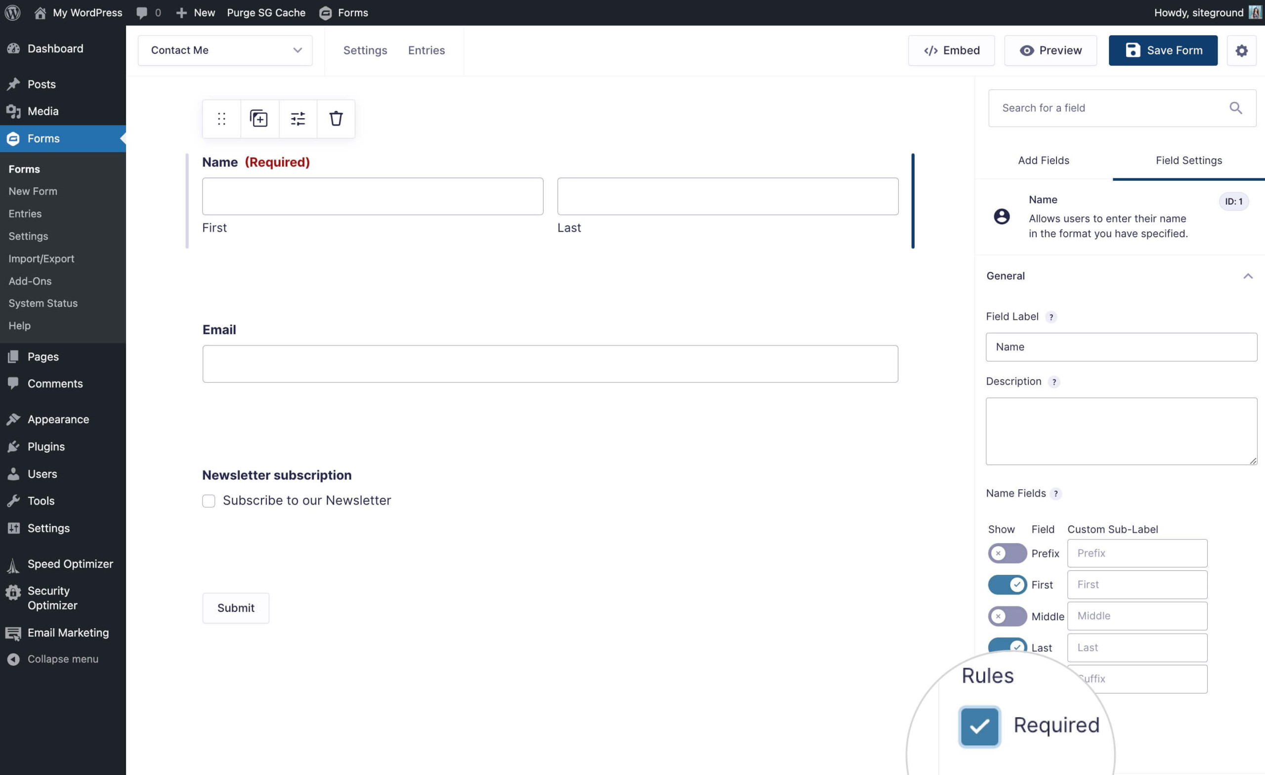 Screenshot of form settings requiring first and last name fields in Gravity Forms.