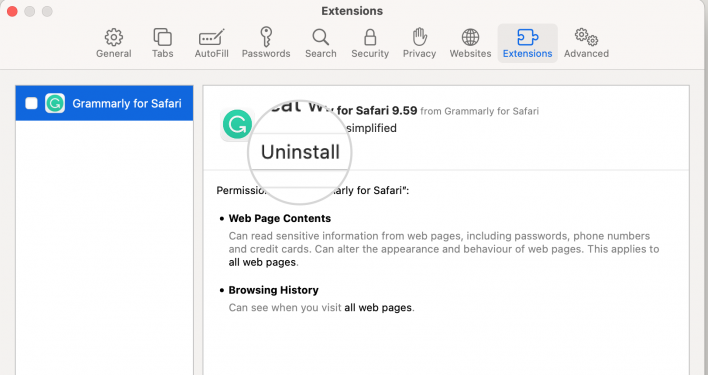 Safari Uninstal Extensions