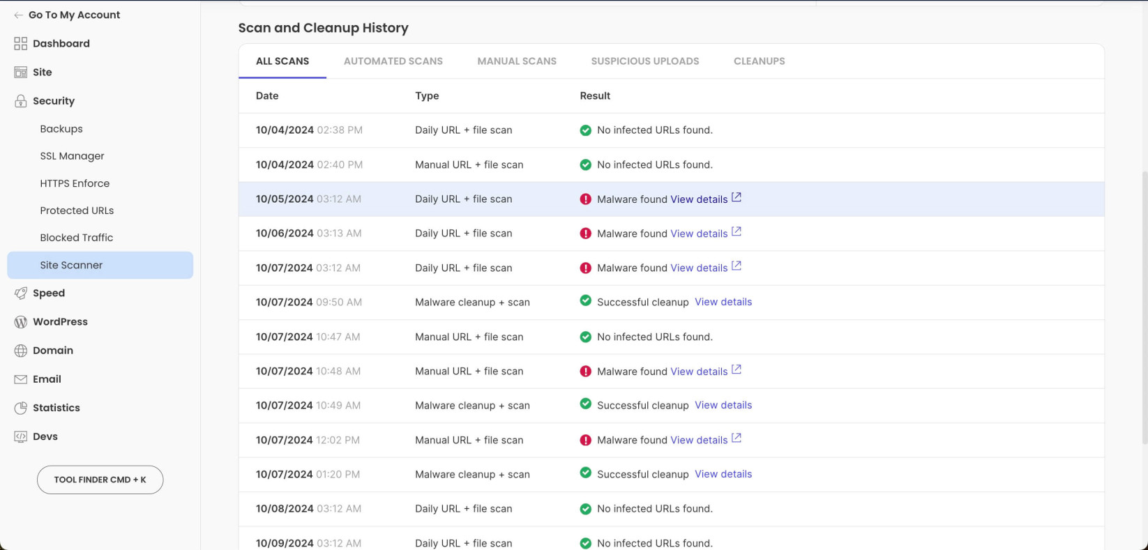 Scan history in Site Scanner