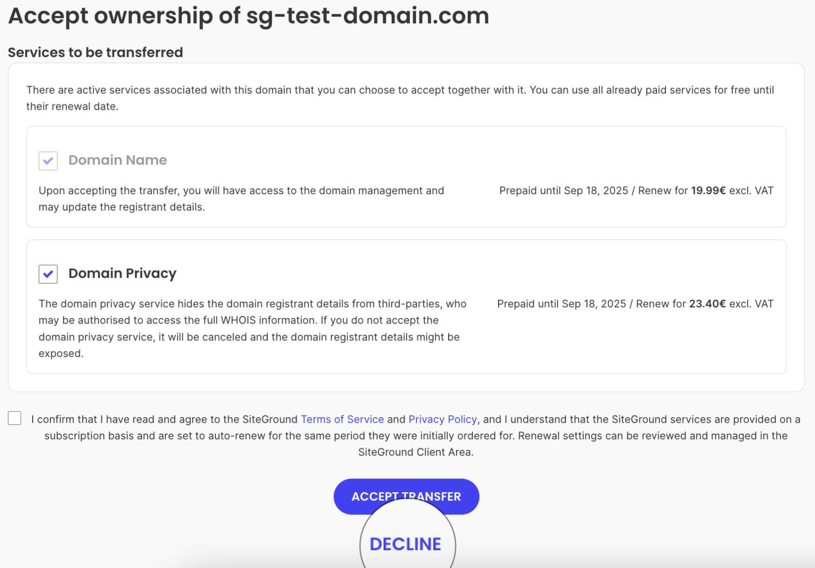 How to decline an incoming domain ownership transfer