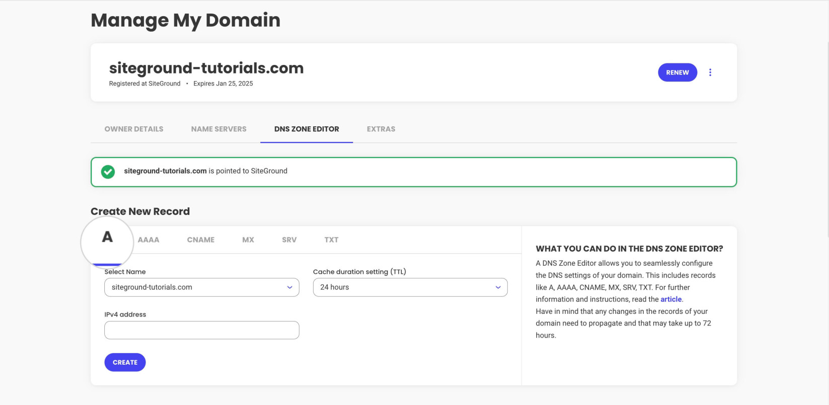 Selecting a DNS record type in SiteGround's DNS Zone Editor