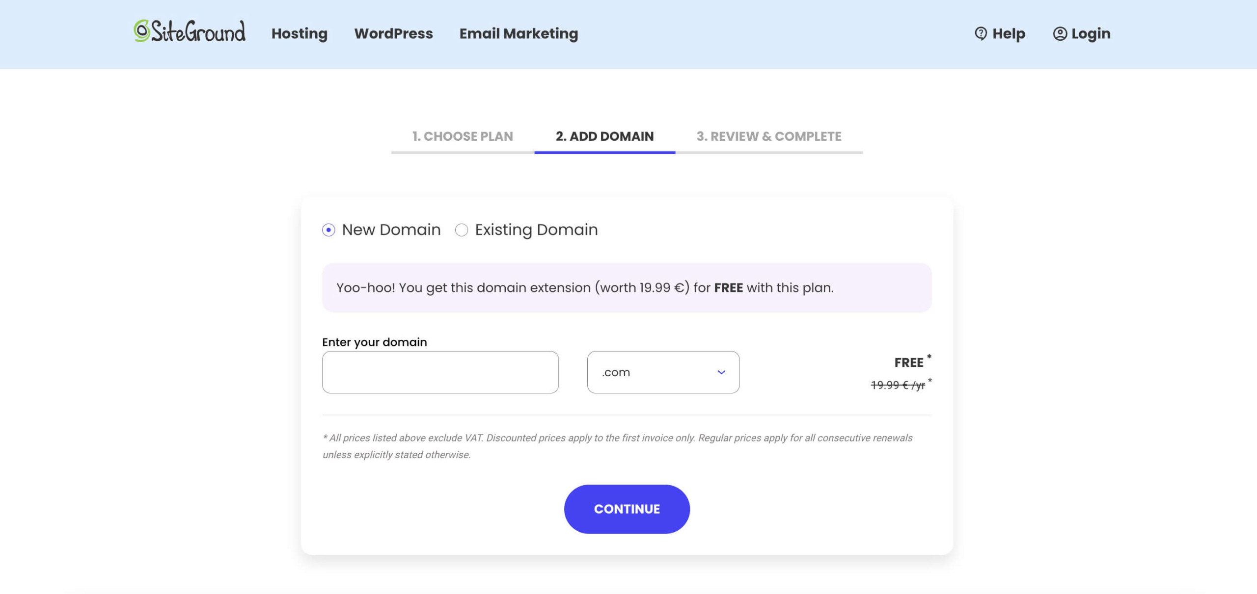 Choosing a free domain during new account setup at SiteGround