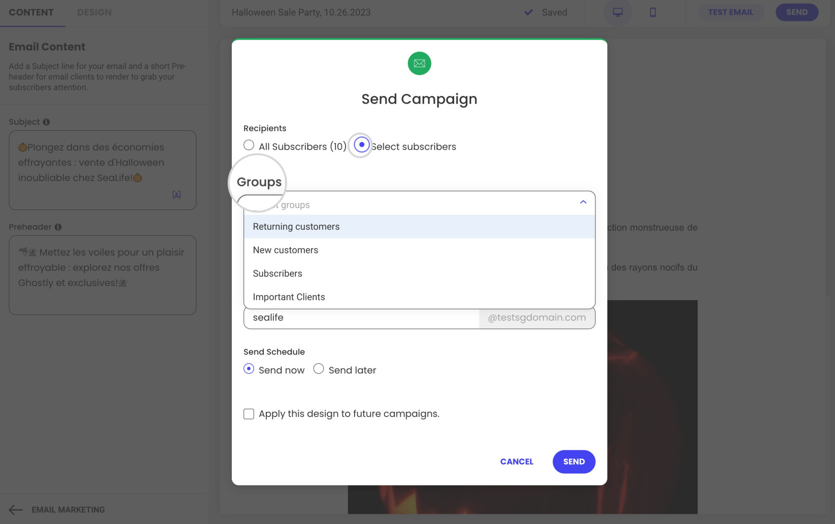 Using groups to select groups of subscribers when sending a campaign