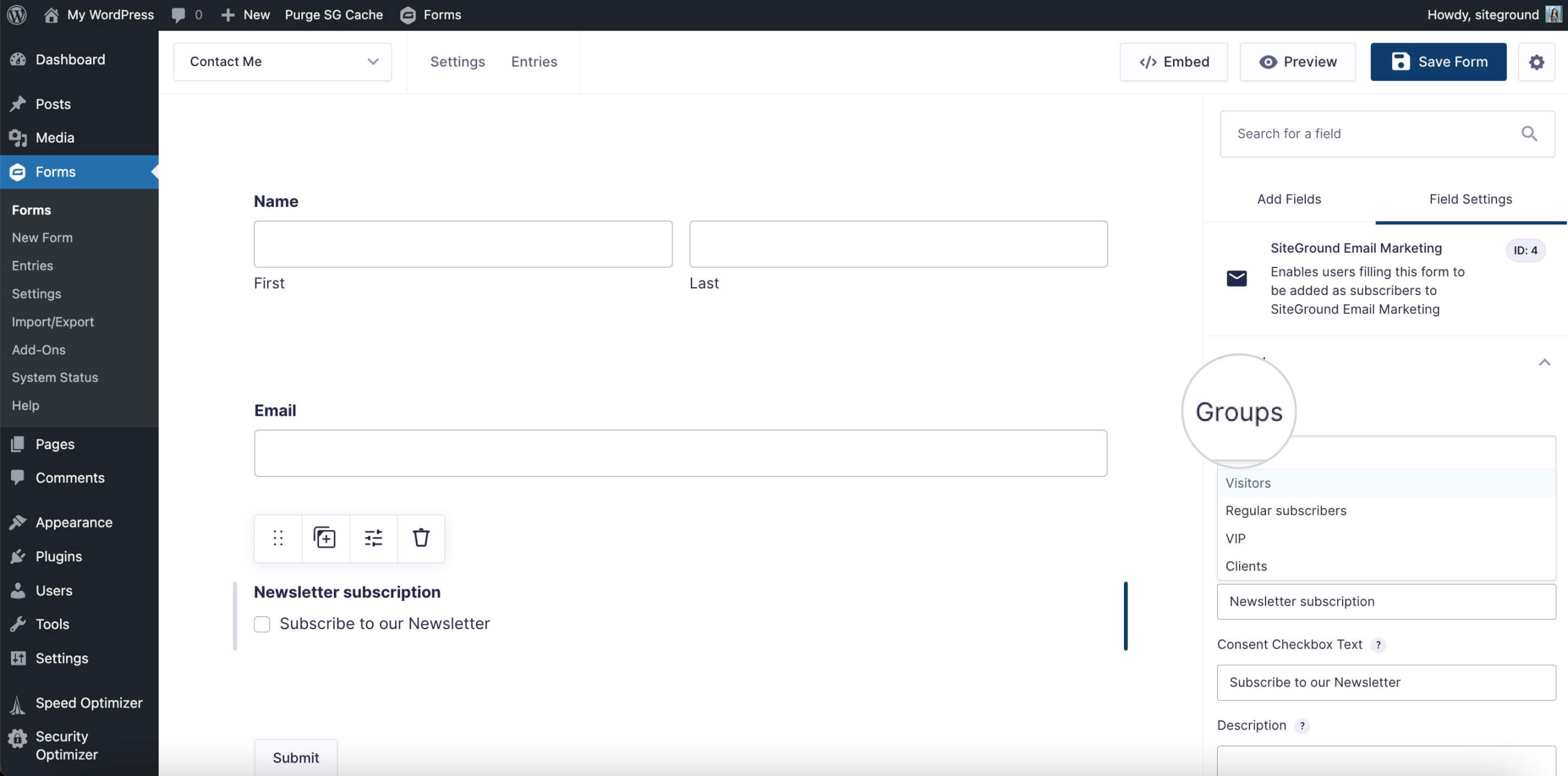 Image displaying options to select subscriber groups in SiteGround Email Marketing.