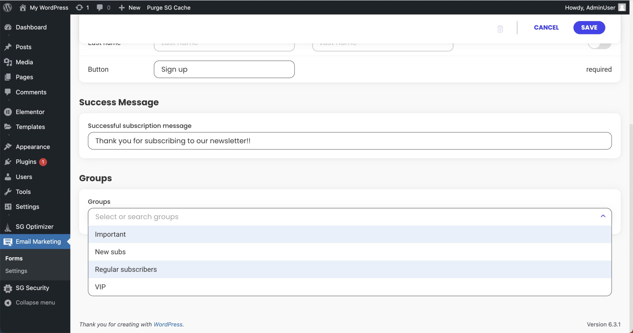 How to select contact groups for the sign-up form in the Email Marketing plugin