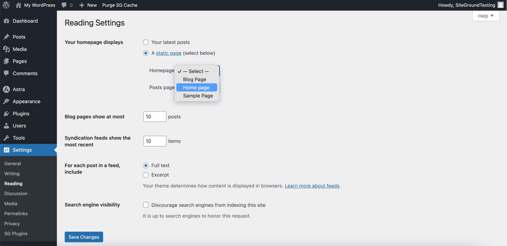 Screenshot showing how to select a Homepage from the dropdown menu in WordPress Settings Reading section