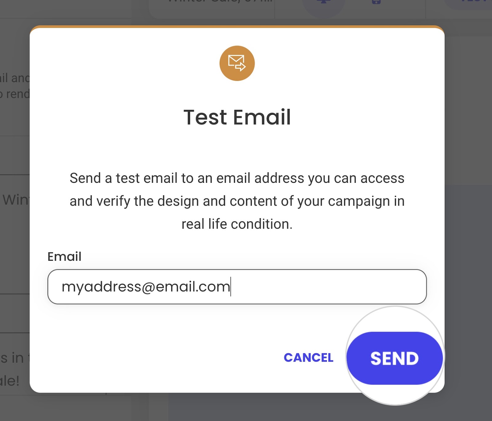 Screenshot displaying the Send button in the Test Email pop-up