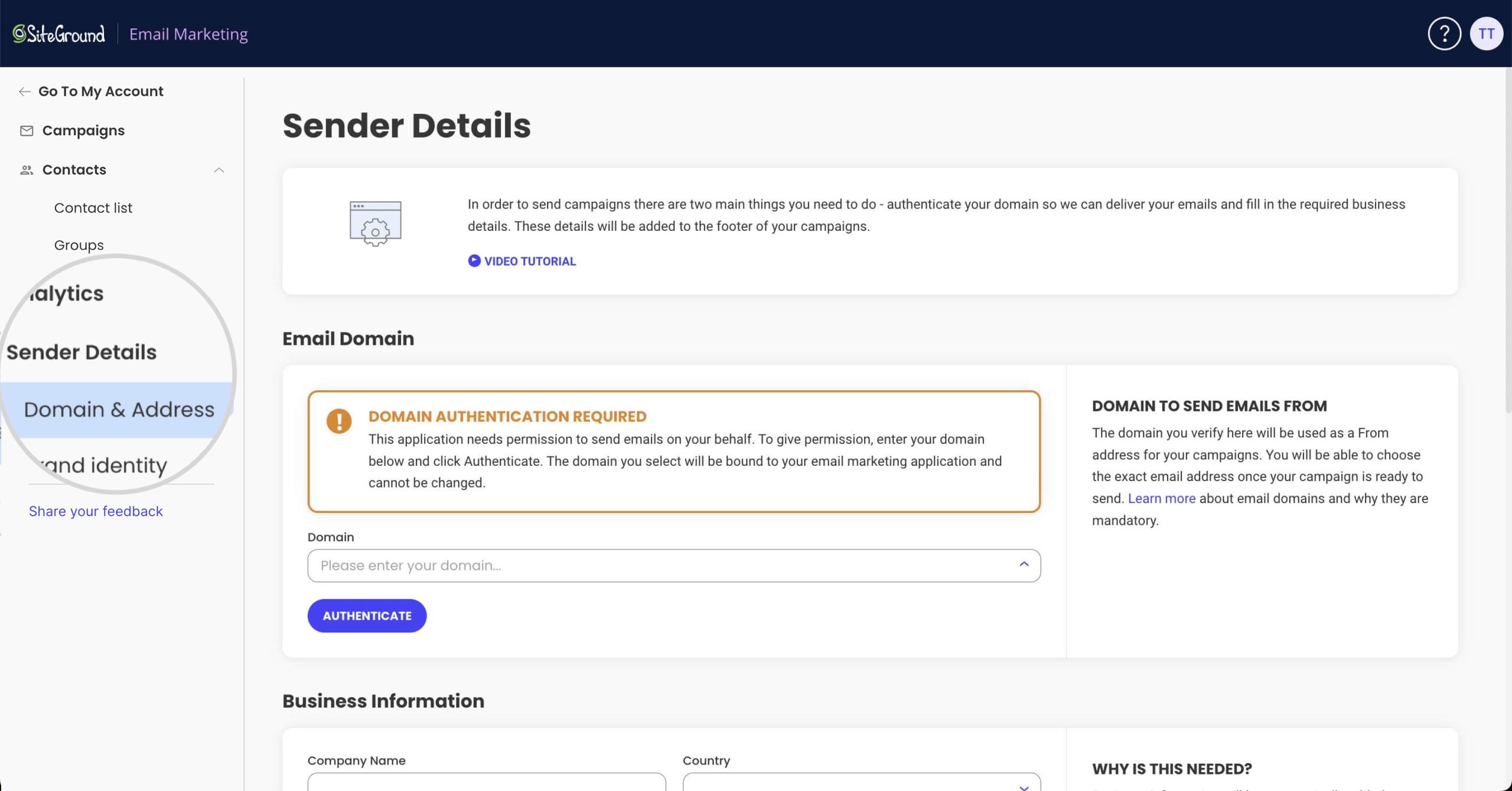 Sender Details section in SiteGround Email Marketing