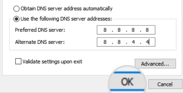 Screenshot of the Change DNS server for WIndows