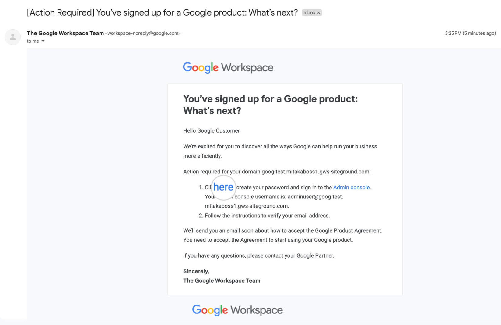 Password setup link for Google Workspace