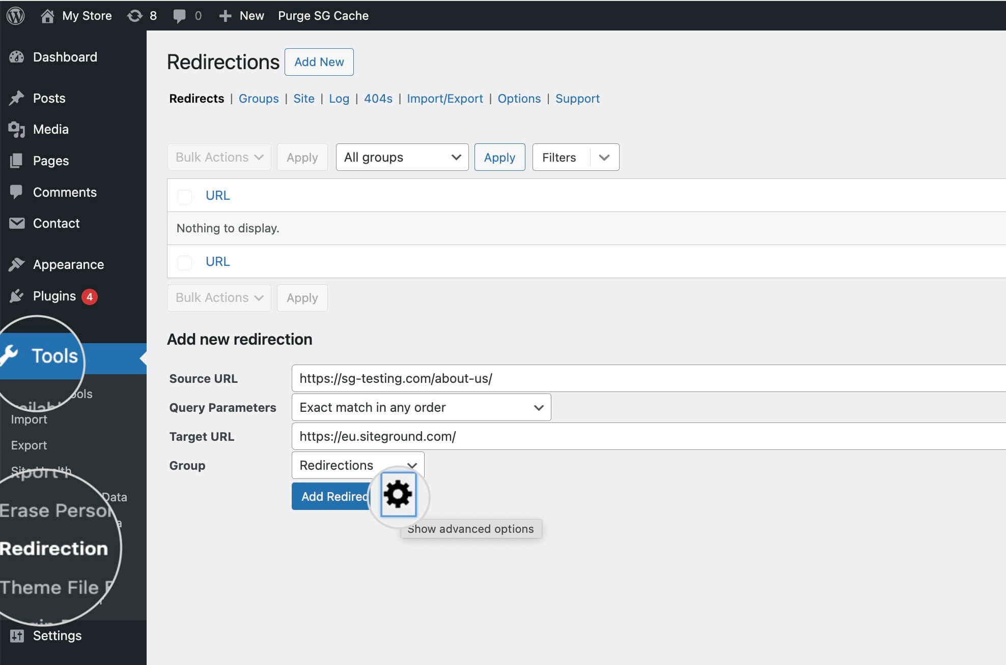 Setting a 308 redirect in the Redirection plugin in WordPress