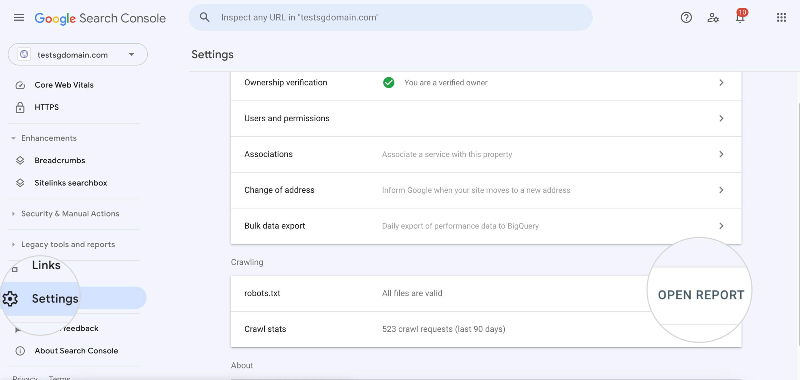 Accessing the robots.txt settings in the Google Search Console