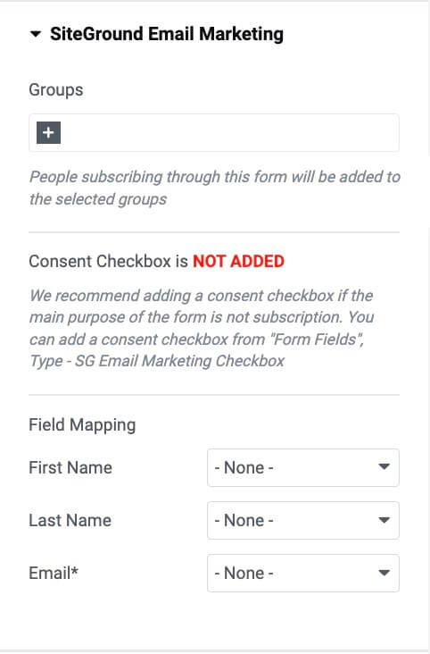 Screenshot of the content under the SiteGround Email Marketing tab in Elementor Form editor in the Sidebar