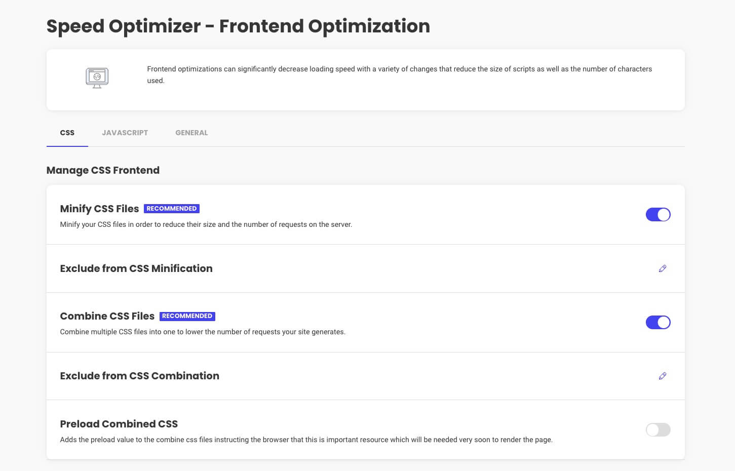 Screenshot showing the SiteGround Speed Optimizer plugin's CSS and JavaScript Minify and Combine options