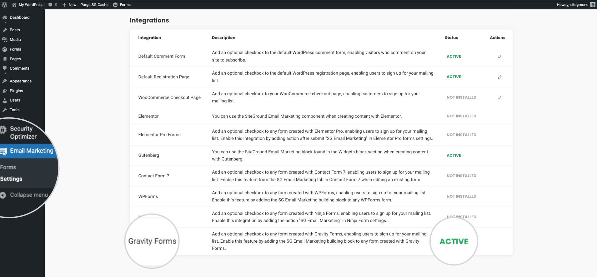 Screenshot showing active SiteGround Email Marketing integration with Gravity Forms.