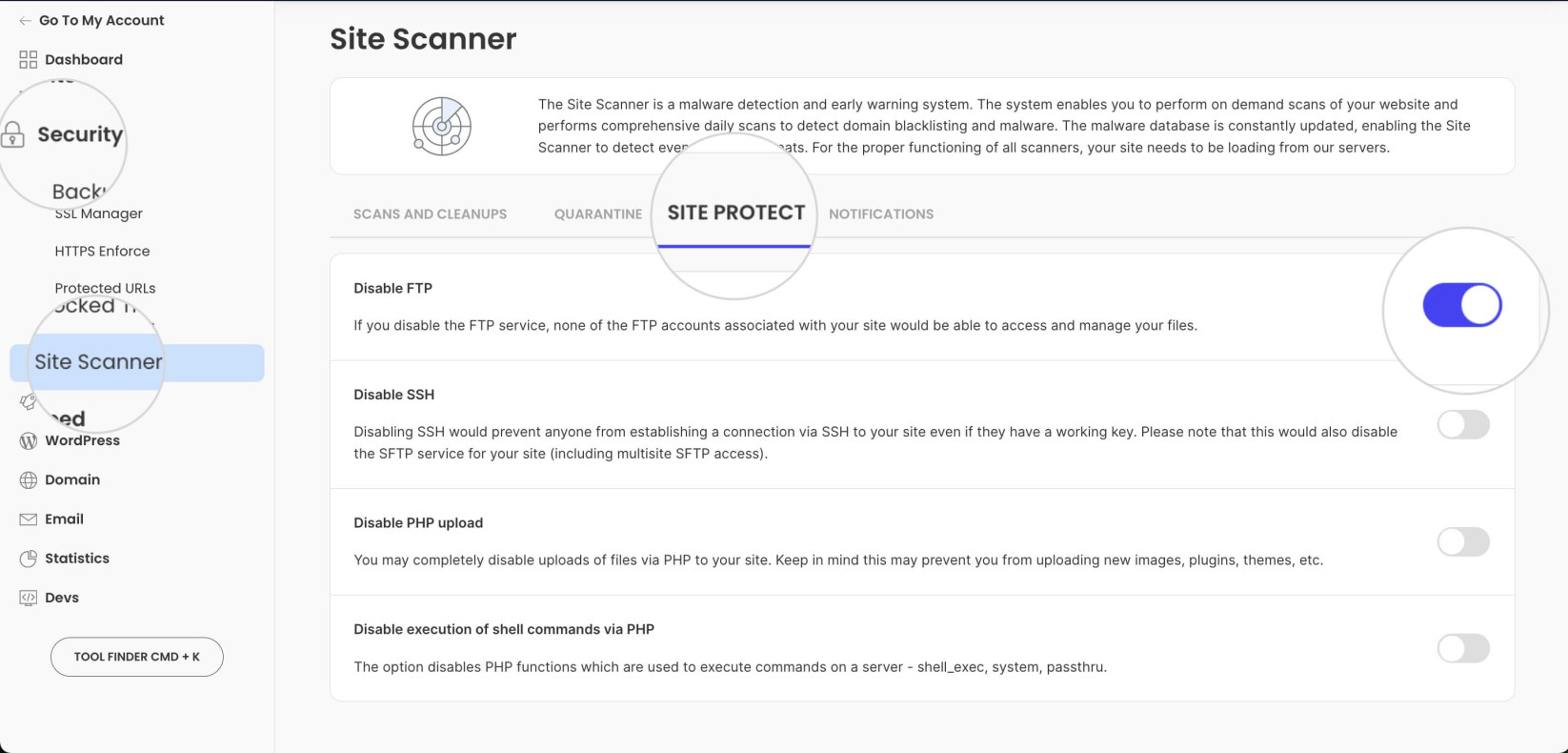 Site Protect options for Site Scanner