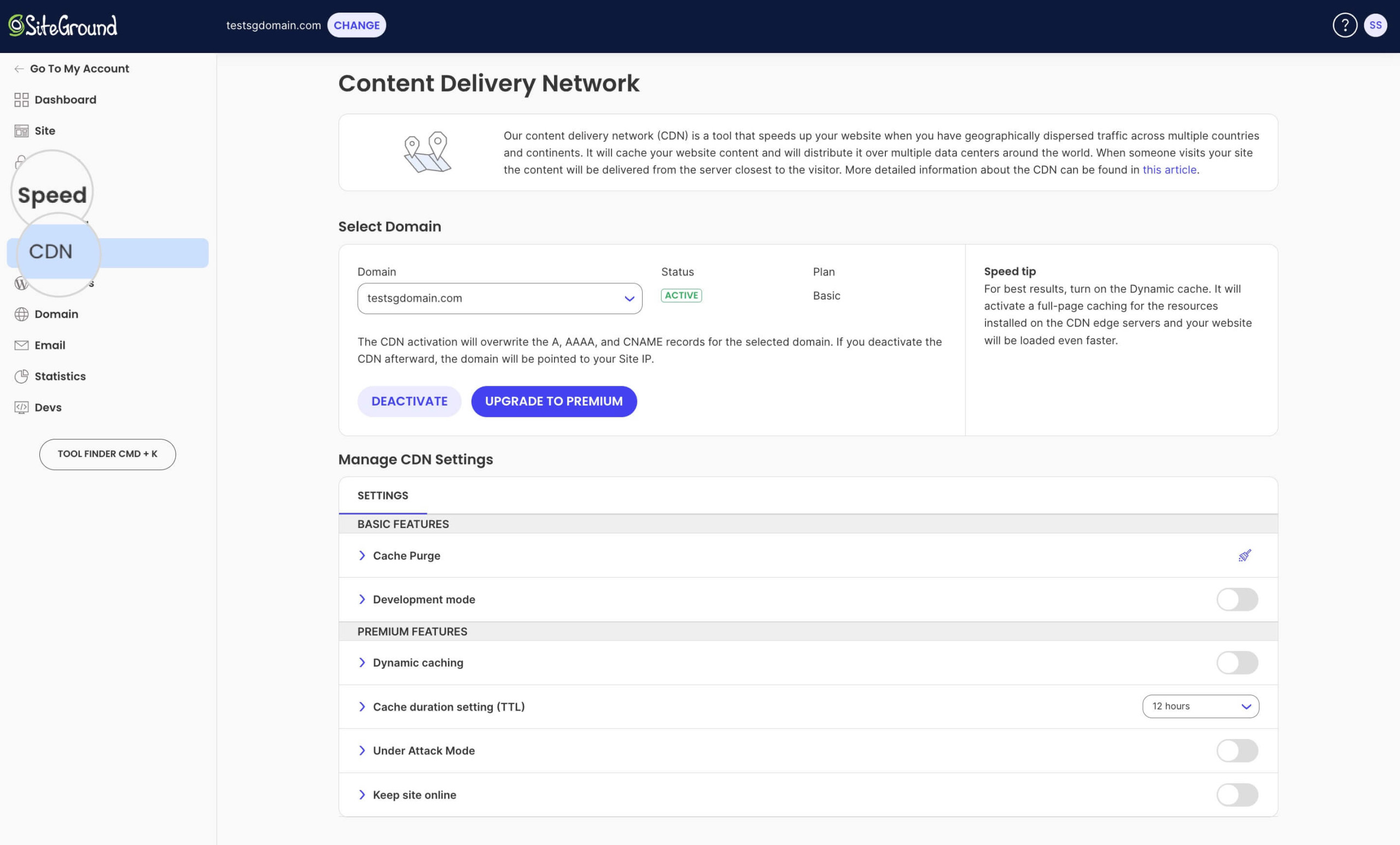 A screenshot of the SiteGround CDN tool in Site Tools