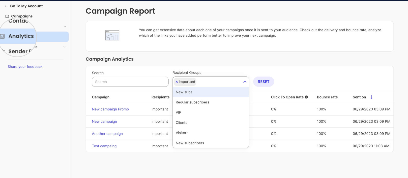 Using groups to filter analytics reports in Email Marketing