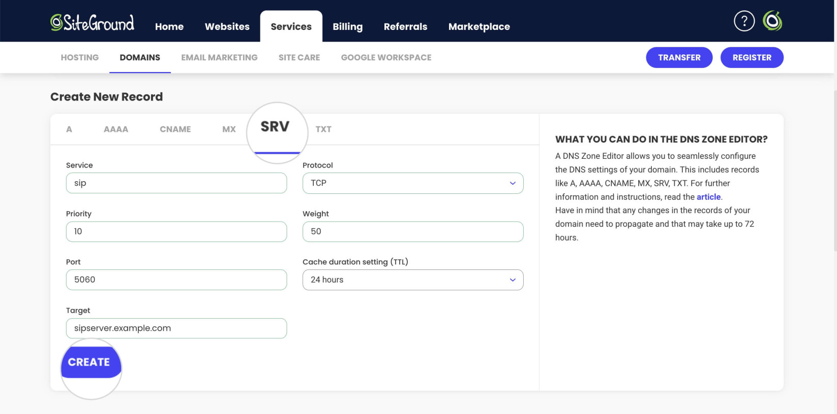 SRV record settings in SiteGround's DNS Zone Editor