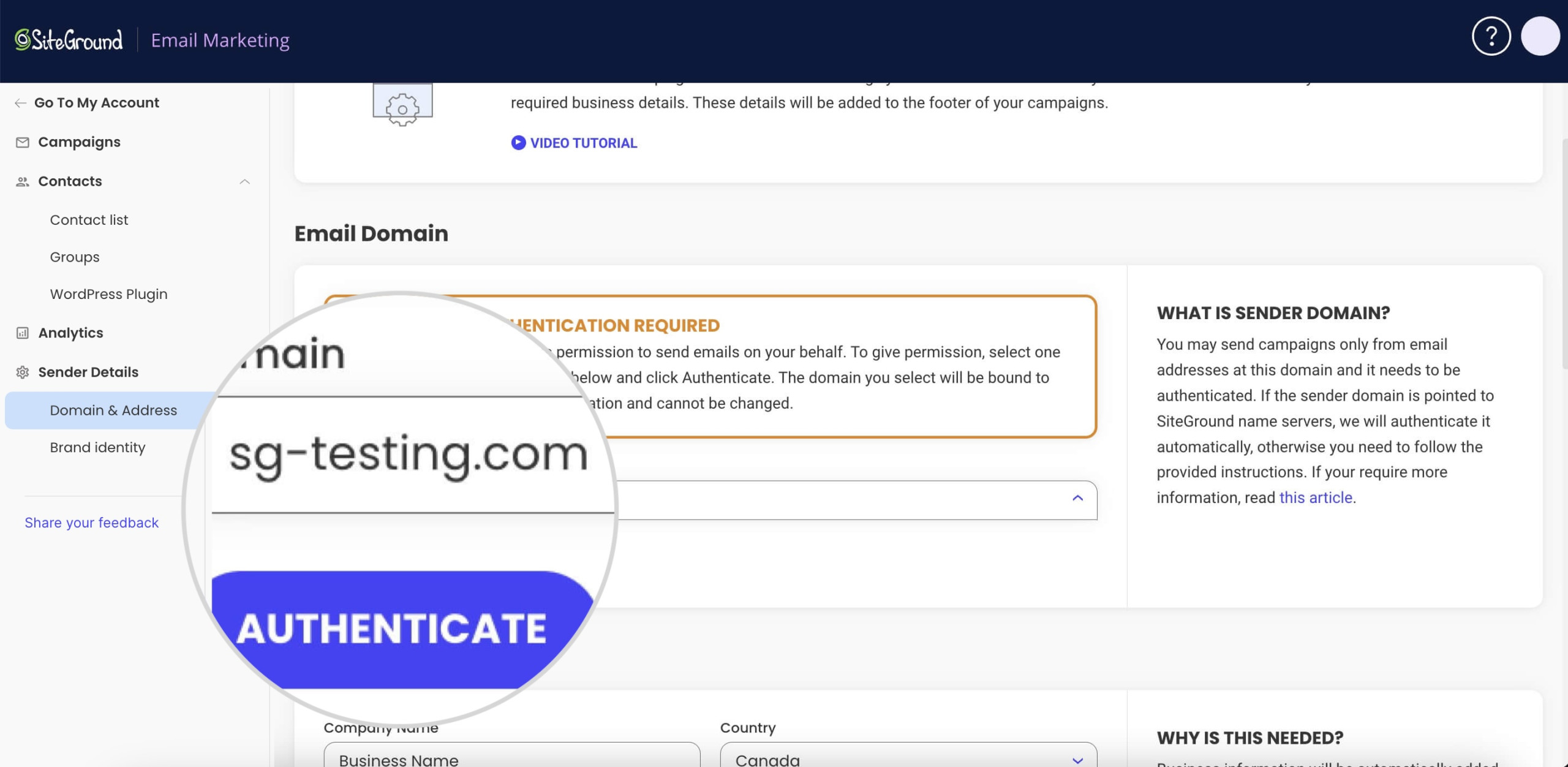 Screenshot displaying the Authenticate button you must click to start the domain authentication