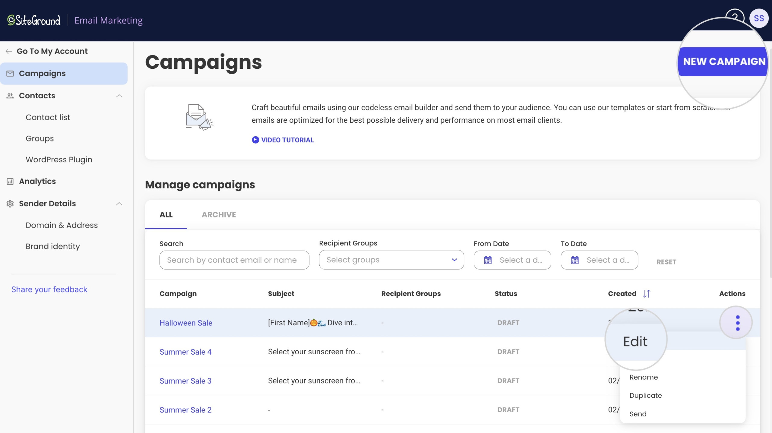 Screenshot showing how to create a new campaign or edit an existing one