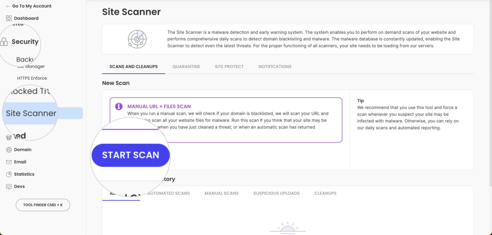 How to start a scan with Site Scanner