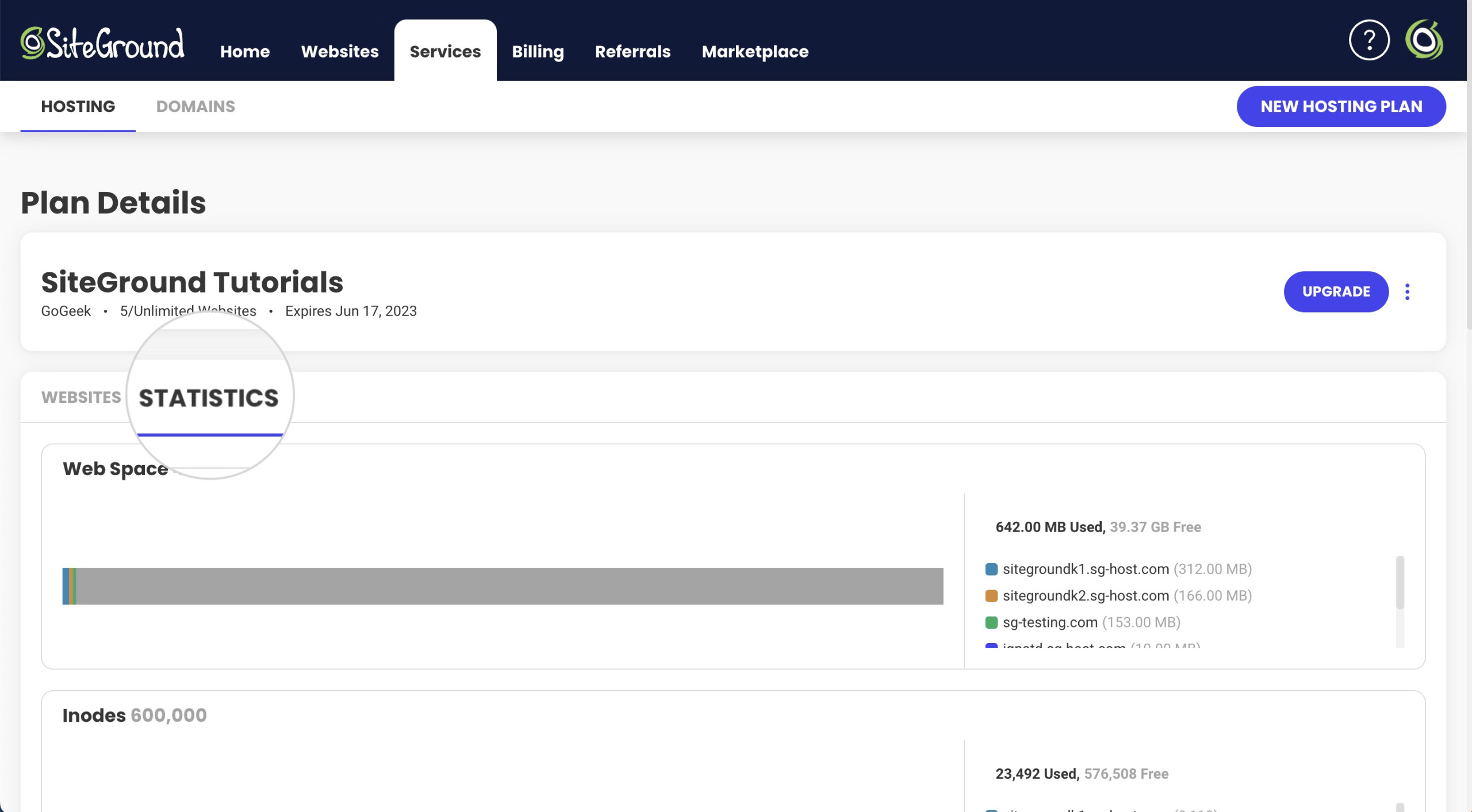 Statistics page on a SiteGround hosting account