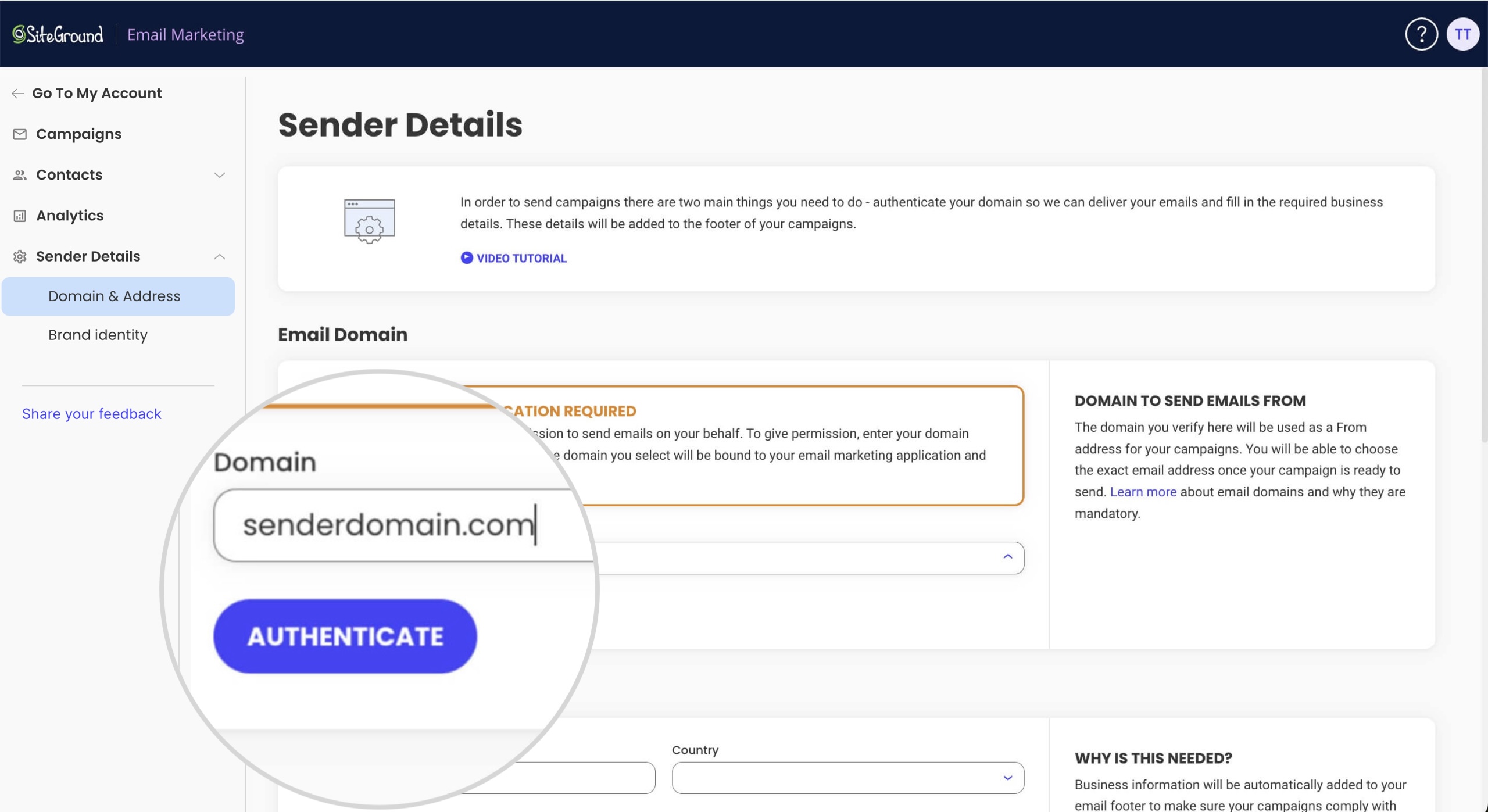 The Domain field where you can manually type the sender domain