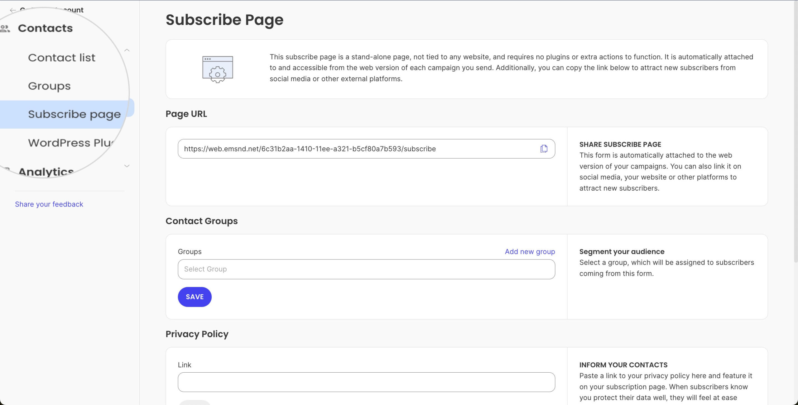 "Subscribe page" section in Email Marketing