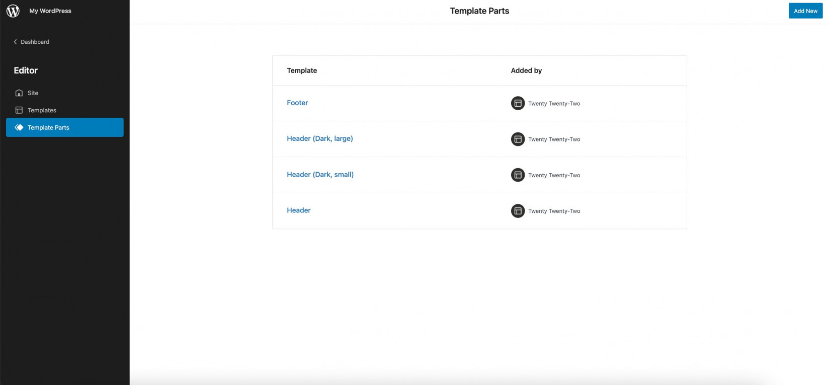 Screenshot showing the Editing WordPress Theme Template parts