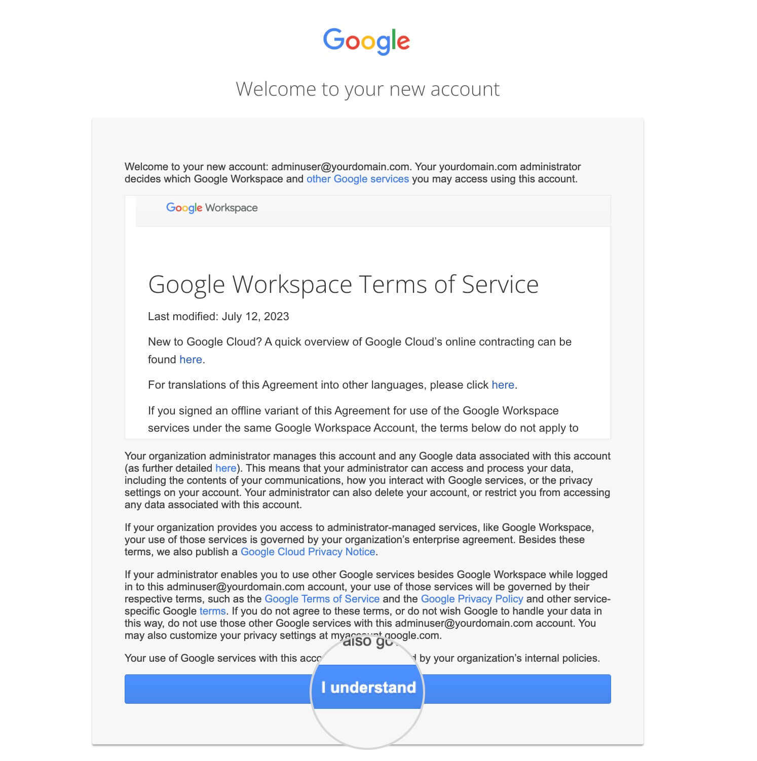 Terms of service for Google Workspace