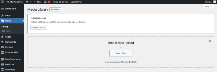 Screenshot of the Media Library in WordPress, showing the error the uploaded file exceeds the upload_max_filesize directive in php.ini