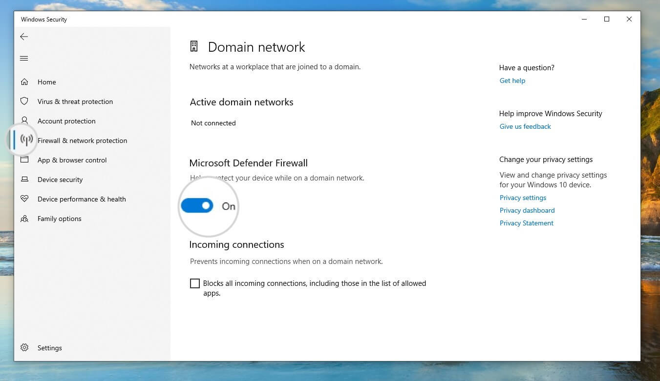 Disable Microsoft Defender Firewall to fix ERR_CONNECTION_CLOSED